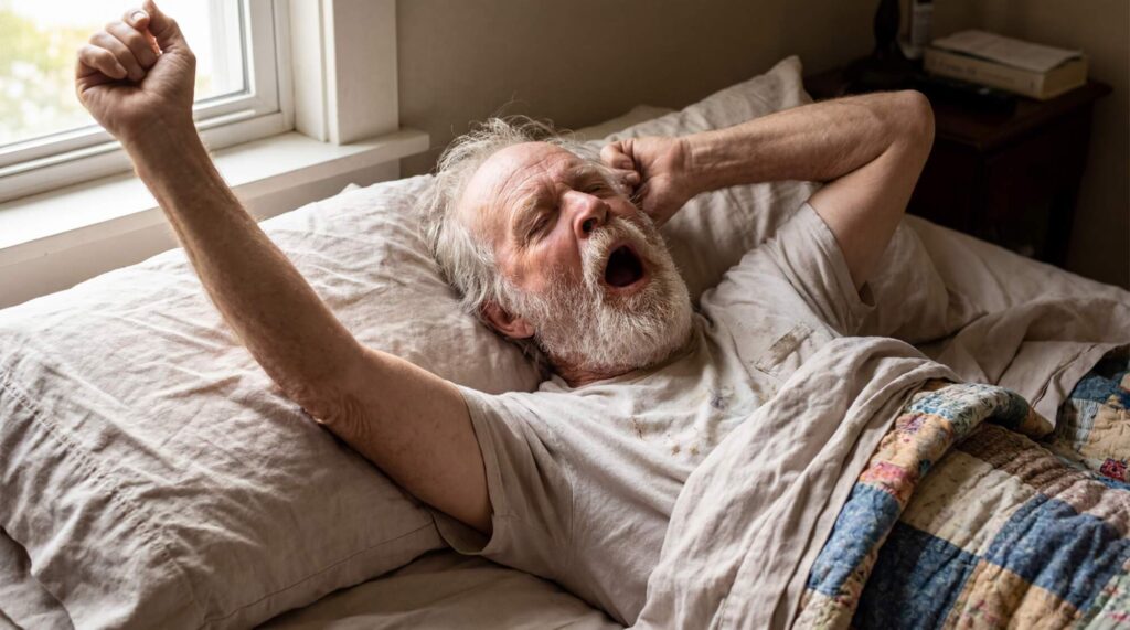 Older man with gray beard stretching in bed after waking, yawning with one arm raised above his head